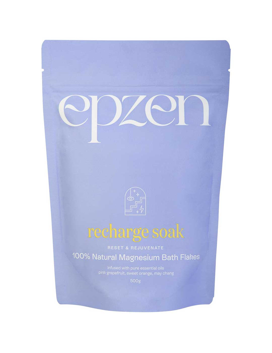 Epzen Magnesium Bath Flakes Recharge Soak 500g comes in a lavender pouch with white and yellow text, featuring a minimalist design. The soak contains 100% natural magnesium bath flakes and essential oils for relaxation.