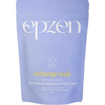 Epzen Magnesium Bath Flakes Recharge Soak 500g comes in a lavender pouch with white and yellow text, featuring a minimalist design. The soak contains 100% natural magnesium bath flakes and essential oils for relaxation.