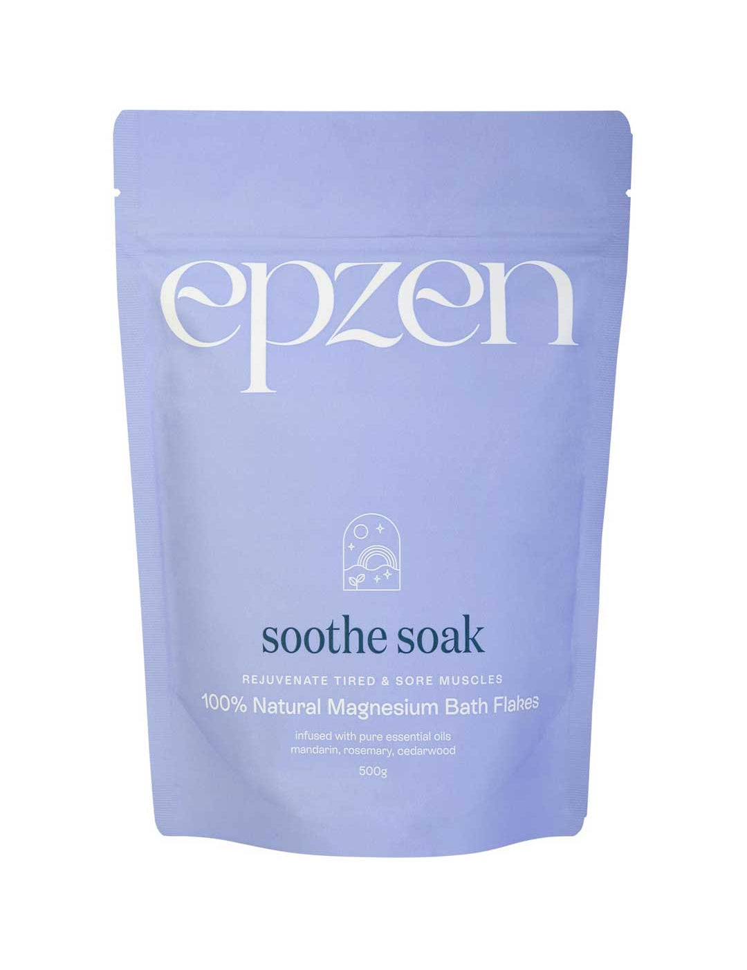 A light purple resealable pouch labeled Epzen Magnesium Bath Flakes Soothe Soak 500g, containing 100% natural Dead Sea magnesium flakes for muscle recovery and relief of tired muscles, with white text and simple graphics on the front.