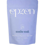 A light purple resealable pouch labeled Epzen Magnesium Bath Flakes Soothe Soak 500g, containing 100% natural Dead Sea magnesium flakes for muscle recovery and relief of tired muscles, with white text and simple graphics on the front.