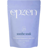 A light purple resealable pouch labeled Epzen Magnesium Bath Flakes Soothe Soak 500g, containing 100% natural Dead Sea magnesium flakes for muscle recovery and relief of tired muscles, with white text and simple graphics on the front.
