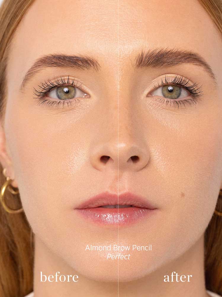 Close-up of a woman's face split in half: left side with natural brows (before), right side with defined brows using the Ere Perez Almond Brow Pencil 1.1g (after). "Before" and "After" text appears at the bottom.
