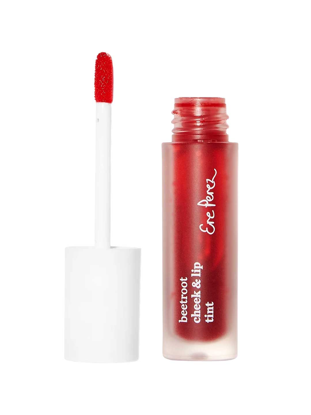 The Ere Perez Beetroot Cheek & Lip Tint - Joy 4.5ml features a frosted tube with white cap and wand, revealing vibrant red tint for natural, long-lasting colour on lips and cheeks.