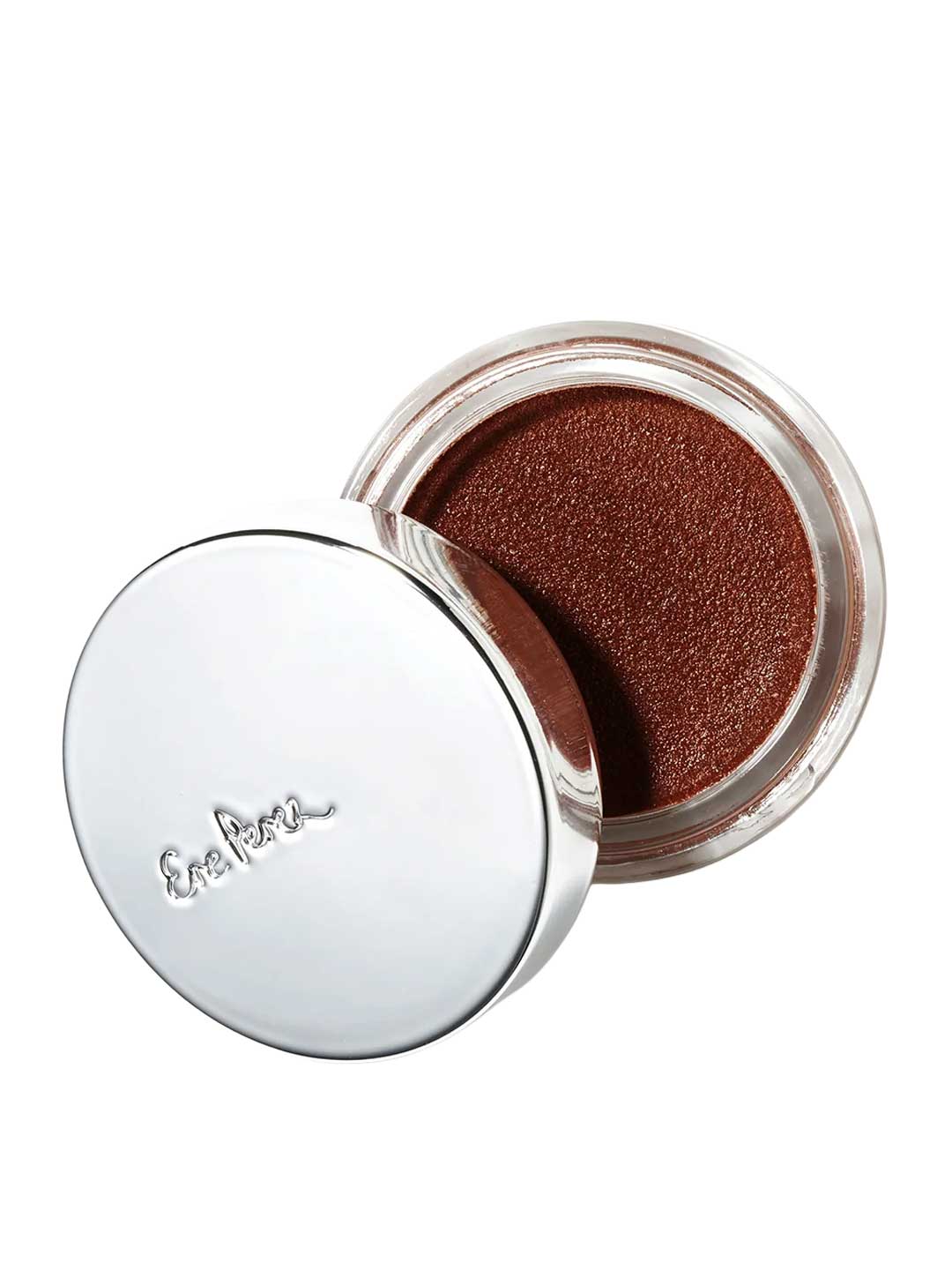 An open Ere Perez Cacao Bronzing Pot - Costa (7.5g) shows shimmery brown cream bronzer eyeshadow in a round container with a shiny silver lid embossed with the Ere Perez brand name.
