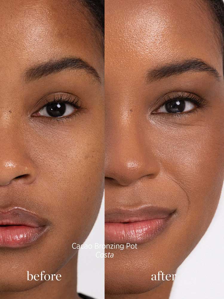 Split image of a woman’s face before (left) and after (right) using Ere Perez Cacao Bronzing Pot - Costa 7.5g. The after side looks warmer, more radiant, and glowy—perfect bronzer for dark skin.