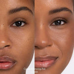 Split image of a woman’s face before (left) and after (right) using Ere Perez Cacao Bronzing Pot - Costa 7.5g. The after side looks warmer, more radiant, and glowy—perfect bronzer for dark skin.
