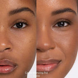 Split image of a woman’s face before (left) and after (right) using Ere Perez Cacao Bronzing Pot - Costa 7.5g. The after side looks warmer, more radiant, and glowy—perfect bronzer for dark skin.