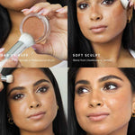 A woman shows how to use the Ere Perez Cacao Bronzing Pot - Sol 7.5g: dabbing with a brush, blending from cheekbone to temple, sweeping along hairline and nose, and building coverage for a natural glow.