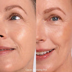 Split image of a woman's face, showing before on the left and after on the right with smoother, more radiant, sun-kissed skin after applying Ere Perez Cacao Bronzing Pot - Playa 7.5g cream bronzer.