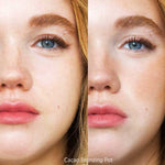 Close-up split image of a woman’s face with a natural skin tone “before” and a sun-kissed glow “after.” Text reads: “Ere Perez Cacao Bronzing Pot - Playa 7.5g, before, after.”.