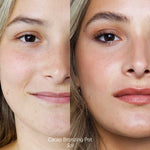 A split image shows a woman's face before and after applying the Ere Perez Cacao Bronzing Pot - Sol 7.5g. The left side displays her natural skin, while the right glows with a warm, bronzed look. Text reads: before and after.