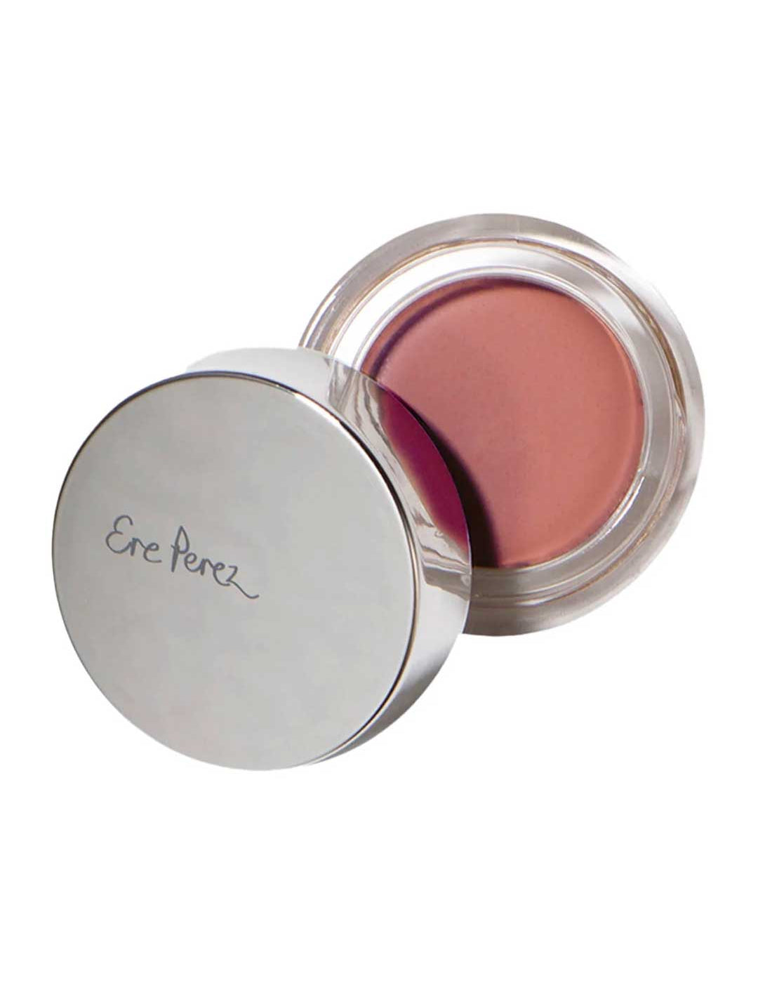 The Ere Perez Carrot Colour Pot 6.5g features a round container with a silver lid branded "Ere Perez," revealing a mauve-pink cream blush enriched with carrot oil for a natural look.