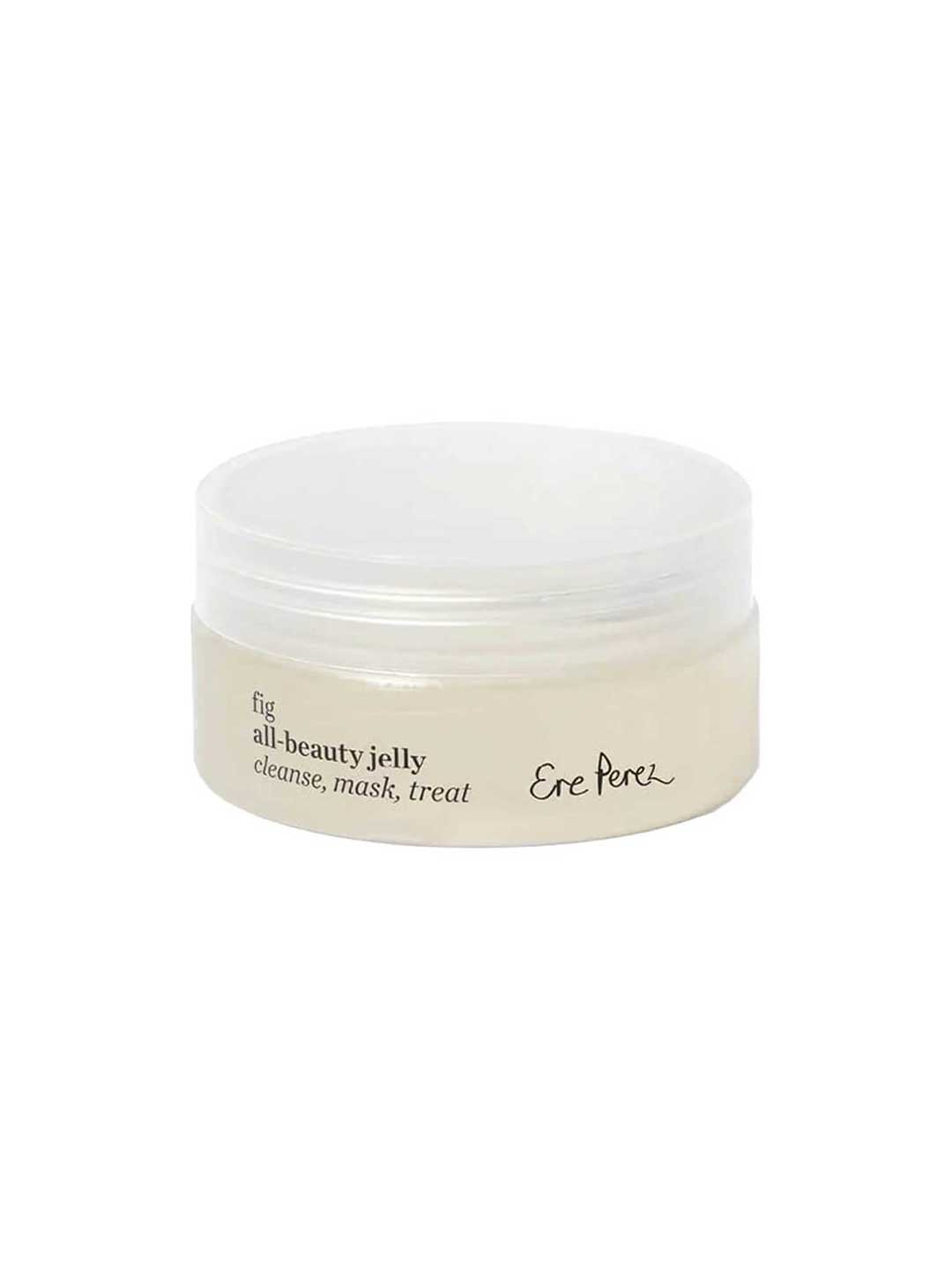 Ere Perez Fig All-beauty Jelly 65ml comes in a clear plastic jar with a white lid, labeled “cleanse, mask, treat.” Use it as a jelly cleanser, makeup remover, or overnight mask for glowing skin.