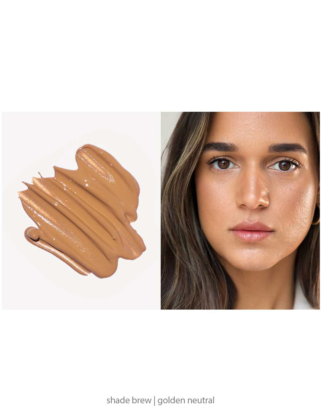 On the left, a swatch of Ere Perez Oat Milk Foundation 30ml in golden neutral; on the right, a woman with medium skin wears this natural liquid foundation for a smooth, even complexion and medium coverage.