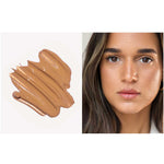 On the left, a swatch of Ere Perez Oat Milk Foundation 30ml in golden neutral; on the right, a woman with medium skin wears this natural liquid foundation for a smooth, even complexion and medium coverage.