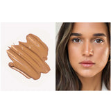 On the left, a swatch of Ere Perez Oat Milk Foundation 30ml in golden neutral; on the right, a woman with medium skin wears this natural liquid foundation for a smooth, even complexion and medium coverage.