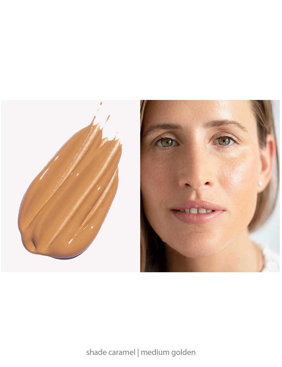 A swatch of Ere Perez Oat Milk Foundation 30ml in caramel is shown beside a woman's face wearing the shade. Text reads caramel | medium golden, highlighting this natural, medium coverage liquid foundation.