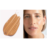 A swatch of Ere Perez Oat Milk Foundation 30ml in caramel is shown beside a woman's face wearing the shade. Text reads caramel | medium golden, highlighting this natural, medium coverage liquid foundation.