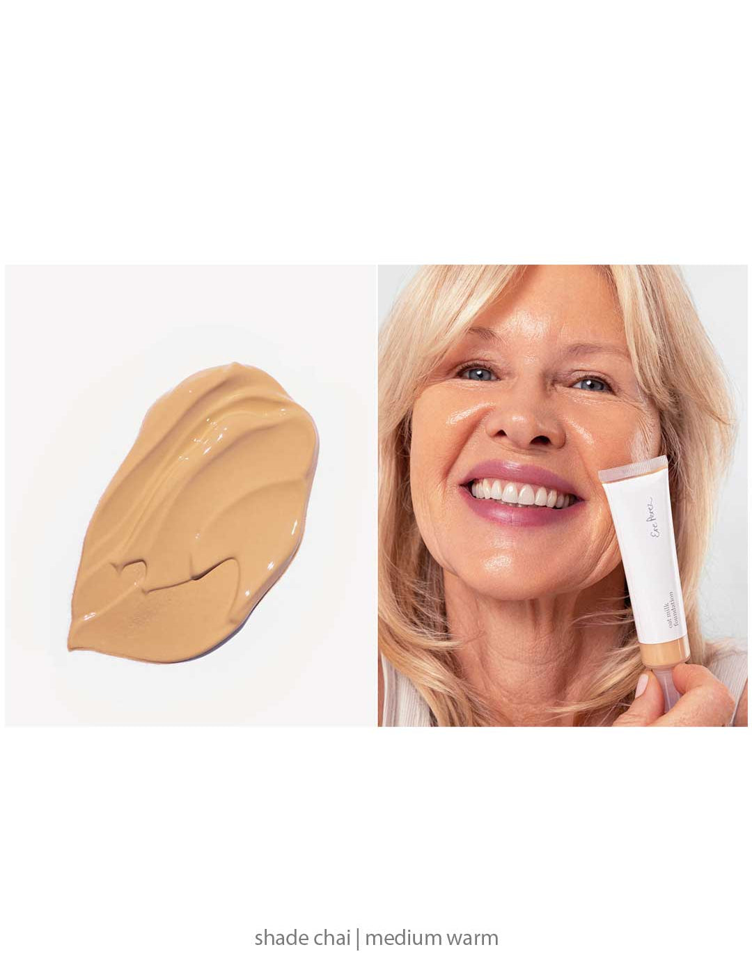 Swatch of beige Ere Perez Oat Milk Foundation 30ml on the left and a smiling older woman applying this natural medium coverage foundation in shade Chai (medium warm) to her cheek, holding the product tube. Text below: shade chai | medium warm | medium coverage.