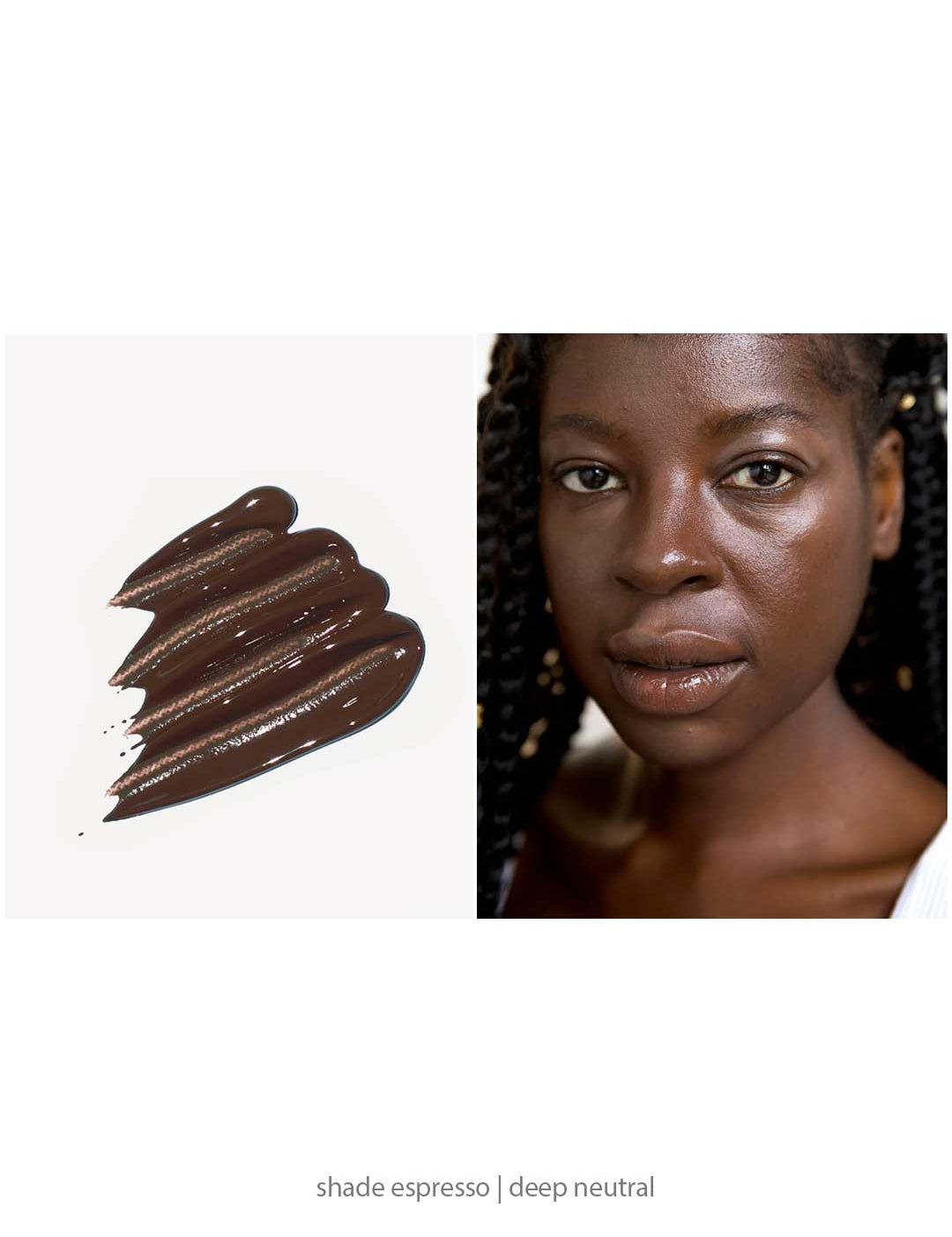 Swatch of deep brown Ere Perez Oat Milk Foundation 30ml on the left and a woman with deep skin tone wearing the natural liquid foundation on the right. Text below reads: shade espresso | deep neutral.