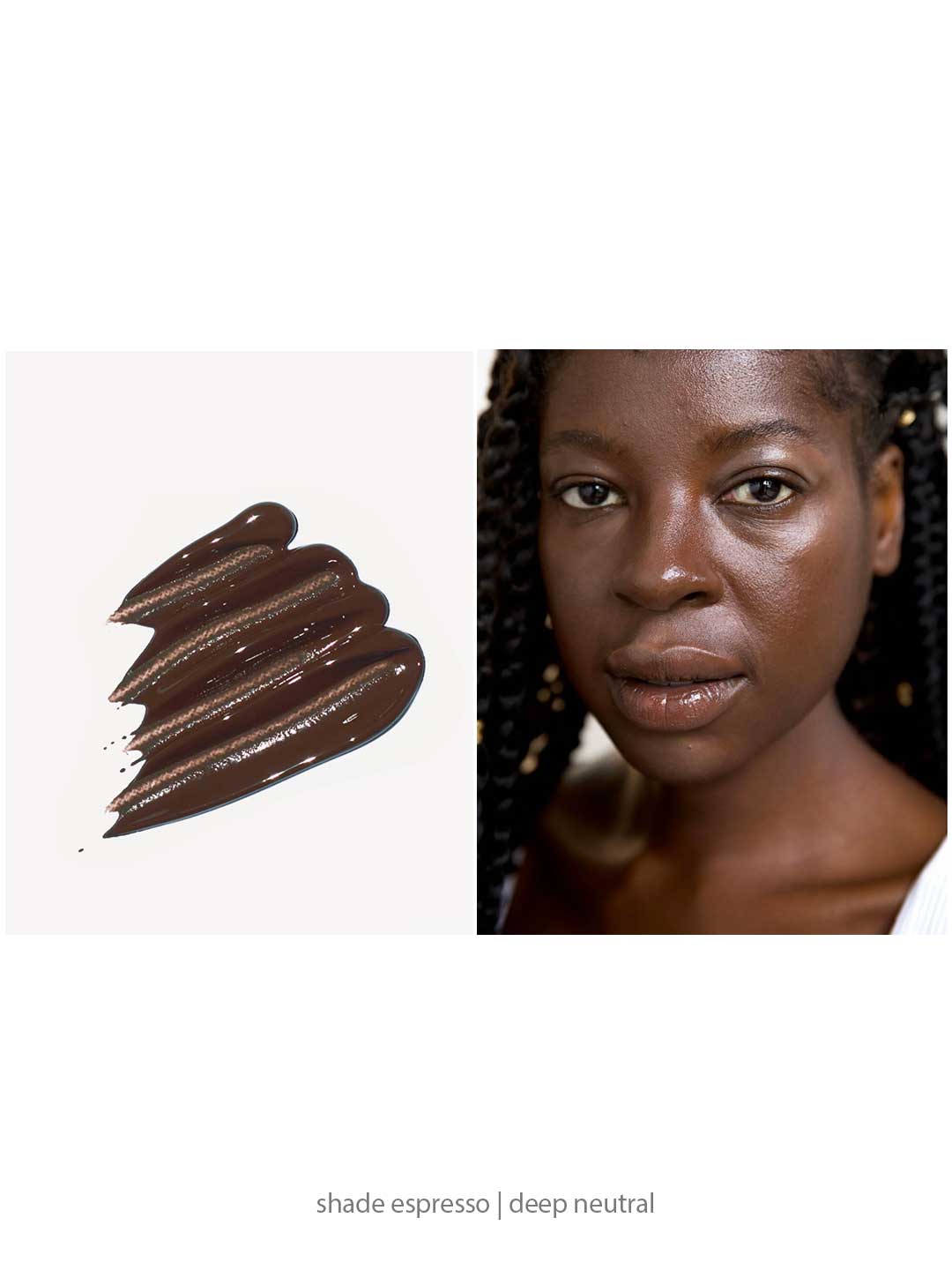 Swatch of deep brown Ere Perez Oat Milk Foundation 30ml on the left and a woman with deep skin tone wearing the natural liquid foundation on the right. Text below reads: shade espresso | deep neutral.