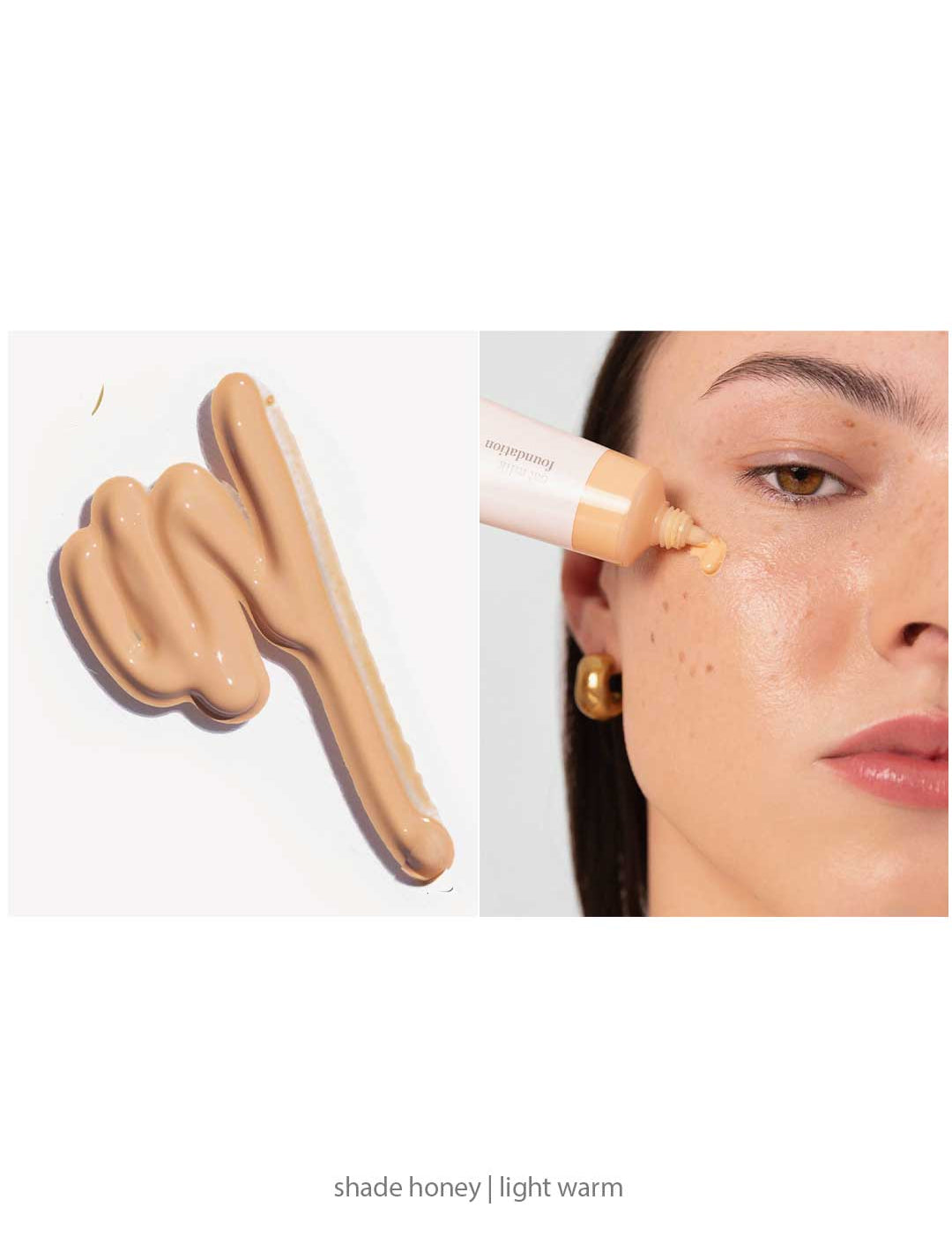 A swatch of Ere Perez Oat Milk Foundation 30ml in shade Honey (light warm) is shown on the left, and a person applies the medium-coverage natural liquid foundation to their cheek on the right. Text below reads: shade honey | light warm.