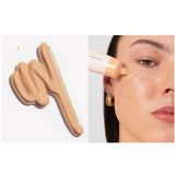 A swatch of Ere Perez Oat Milk Foundation 30ml in shade Honey (light warm) is shown on the left, and a person applies the medium-coverage natural liquid foundation to their cheek on the right. Text below reads: shade honey | light warm.