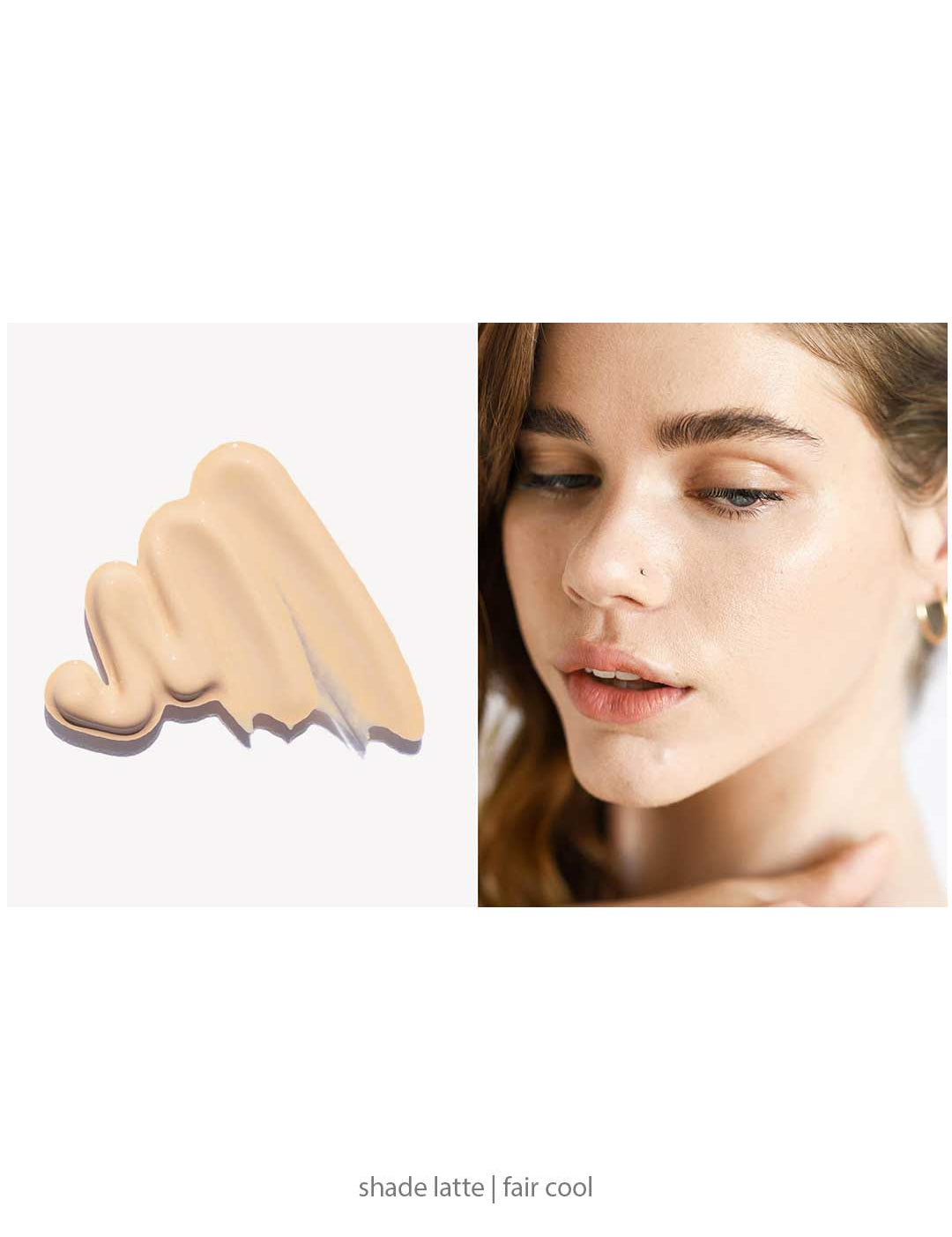A swatch of light beige Ere Perez Oat Milk Foundation 30ml appears on the left; on the right, a woman with fair, cool-toned skin wears this natural liquid foundation. Label: shade latte | fair cool | medium coverage.