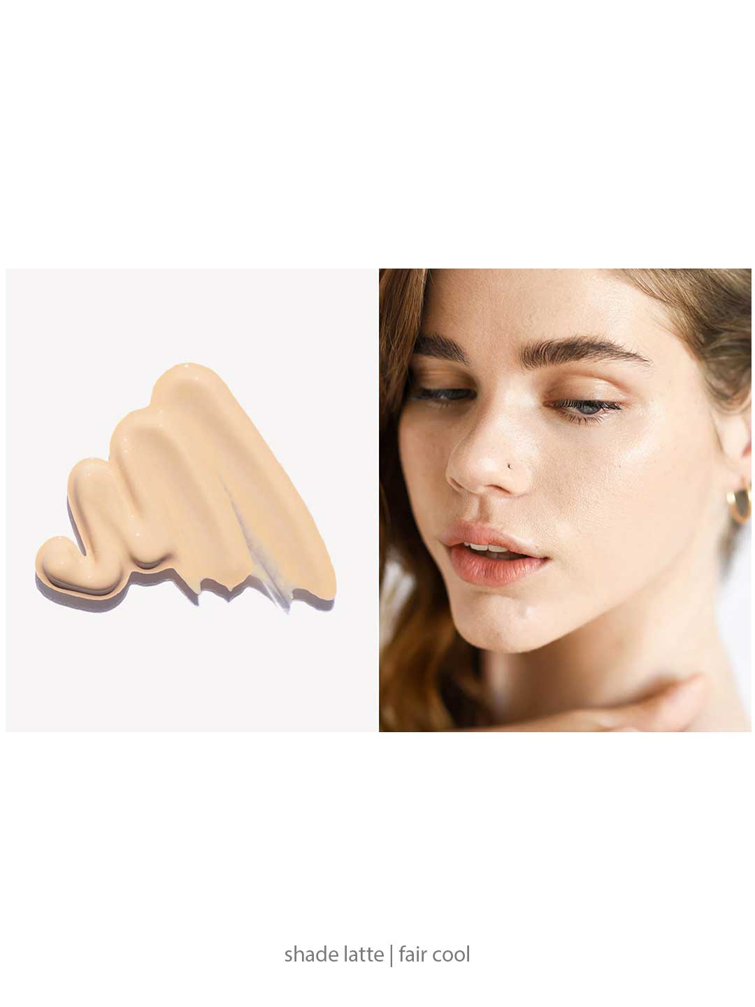 A swatch of light beige Ere Perez Oat Milk Foundation 30ml appears on the left; on the right, a woman with fair, cool-toned skin wears this natural liquid foundation. Label: shade latte | fair cool | medium coverage.