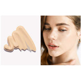 A swatch of light beige Ere Perez Oat Milk Foundation 30ml appears on the left; on the right, a woman with fair, cool-toned skin wears this natural liquid foundation. Label: shade latte | fair cool | medium coverage.