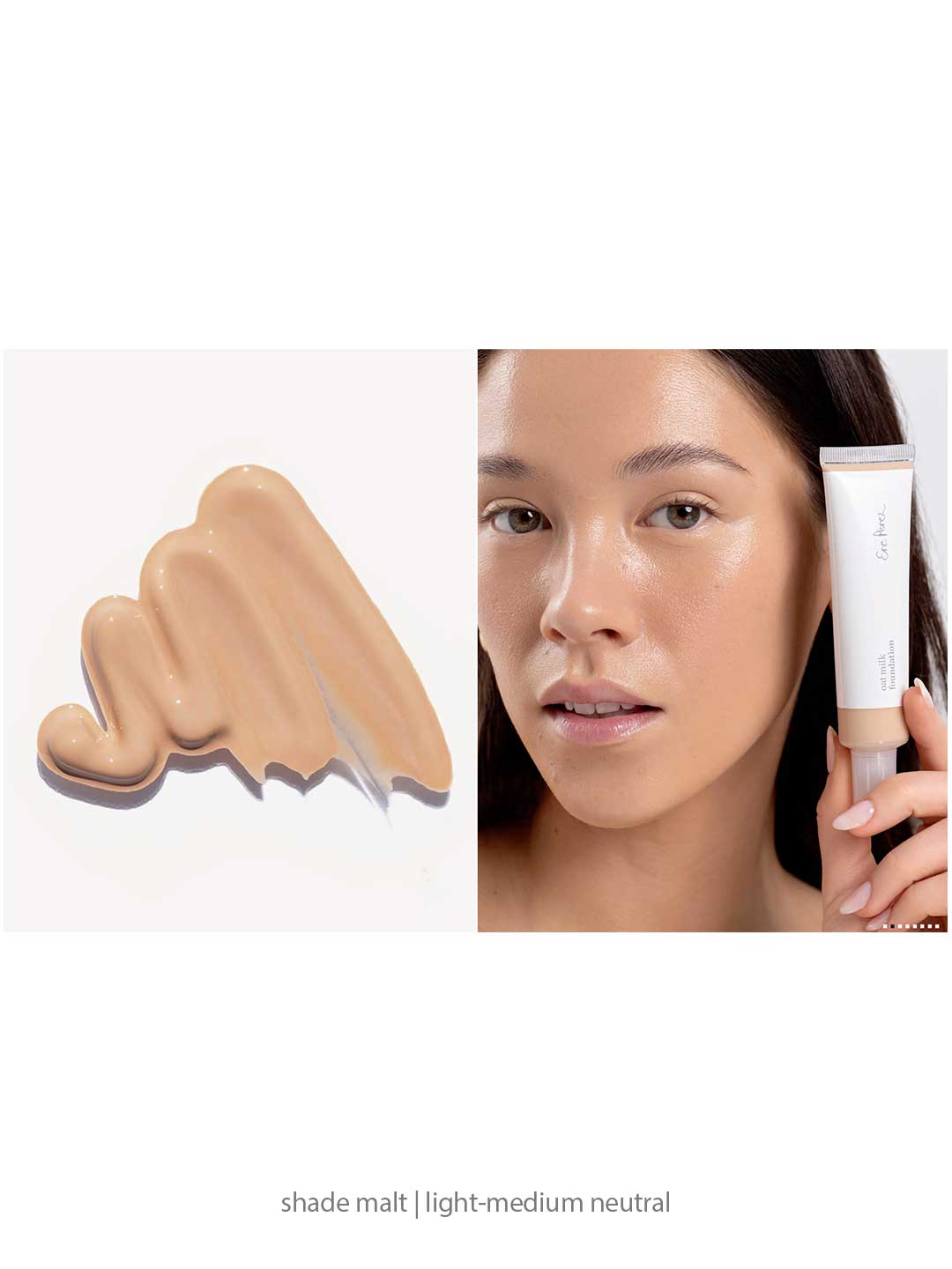 A swatch of Ere Perez Oat Milk Foundation 30ml in light-medium neutral shade “malt” appears on the left. On the right, a woman with radiant skin holds the natural liquid foundation tube by her face. Text below states: shade malt | light-medium neutral.