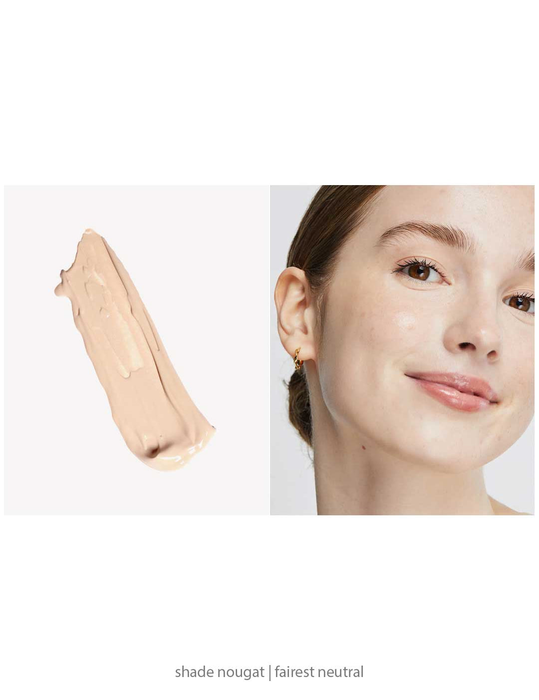 A swatch of Ere Perez Oat Milk Foundation 30ml in light beige sits beside a close-up of a smiling person with fair, neutral skin and a smooth complexion. Text: shade nougat | fairest neutral | medium coverage.