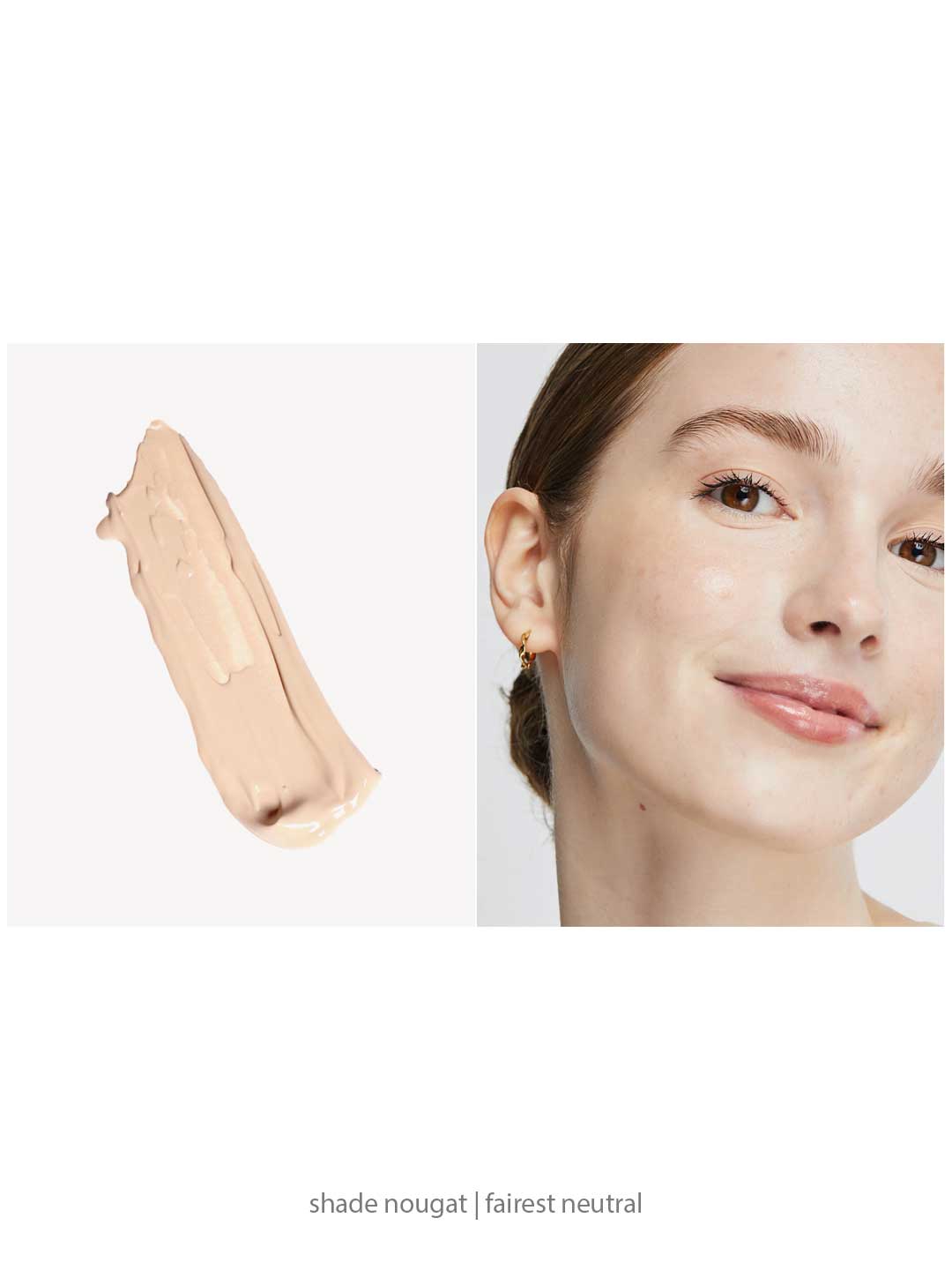 A swatch of Ere Perez Oat Milk Foundation 30ml in light beige sits beside a close-up of a smiling person with fair, neutral skin and a smooth complexion. Text: shade nougat | fairest neutral | medium coverage.