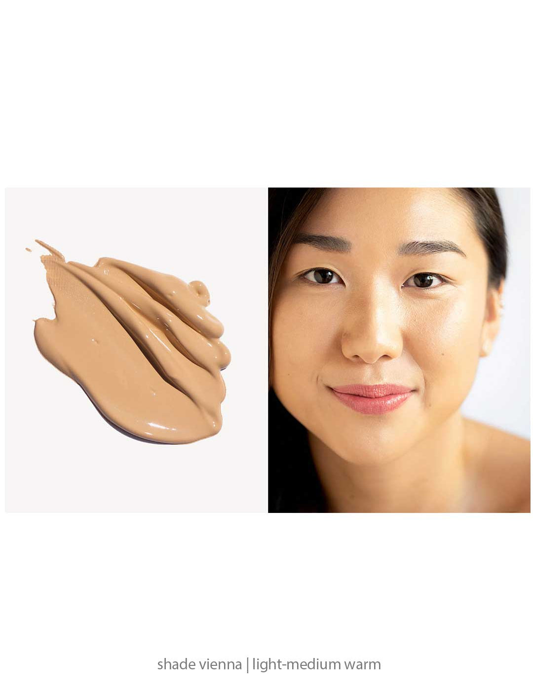 A swatch of beige Ere Perez Oat Milk Foundation 30ml is on the left; on the right, a woman with smooth, light-medium warm skin wears this medium coverage natural liquid foundation. Text reads: “shade vienna | light-medium warm.”.