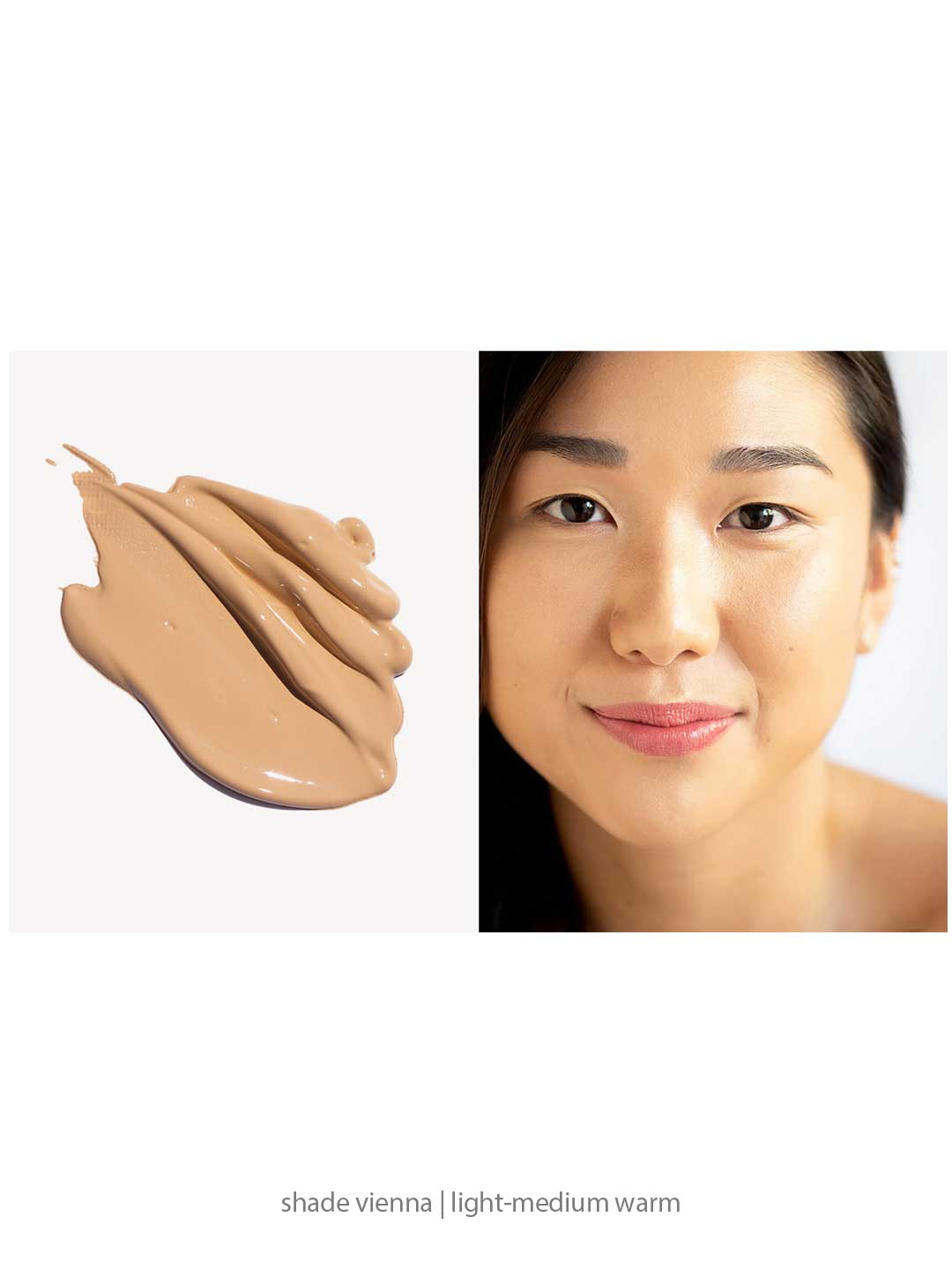 A swatch of beige Ere Perez Oat Milk Foundation 30ml is on the left; on the right, a woman with smooth, light-medium warm skin wears this medium coverage natural liquid foundation. Text reads: “shade vienna | light-medium warm.”.