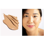 A swatch of beige Ere Perez Oat Milk Foundation 30ml is on the left; on the right, a woman with smooth, light-medium warm skin wears this medium coverage natural liquid foundation. Text reads: “shade vienna | light-medium warm.”.