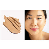 A swatch of beige Ere Perez Oat Milk Foundation 30ml is on the left; on the right, a woman with smooth, light-medium warm skin wears this medium coverage natural liquid foundation. Text reads: “shade vienna | light-medium warm.”.