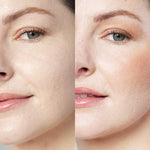 Split image of a woman’s face shows a natural “before” and an “after” side with warmer, smoother skin enhanced by Ere Perez Rice Powder Blush & Bronzer - Roma 9g. “Before” appears on the left, “after” on the right.