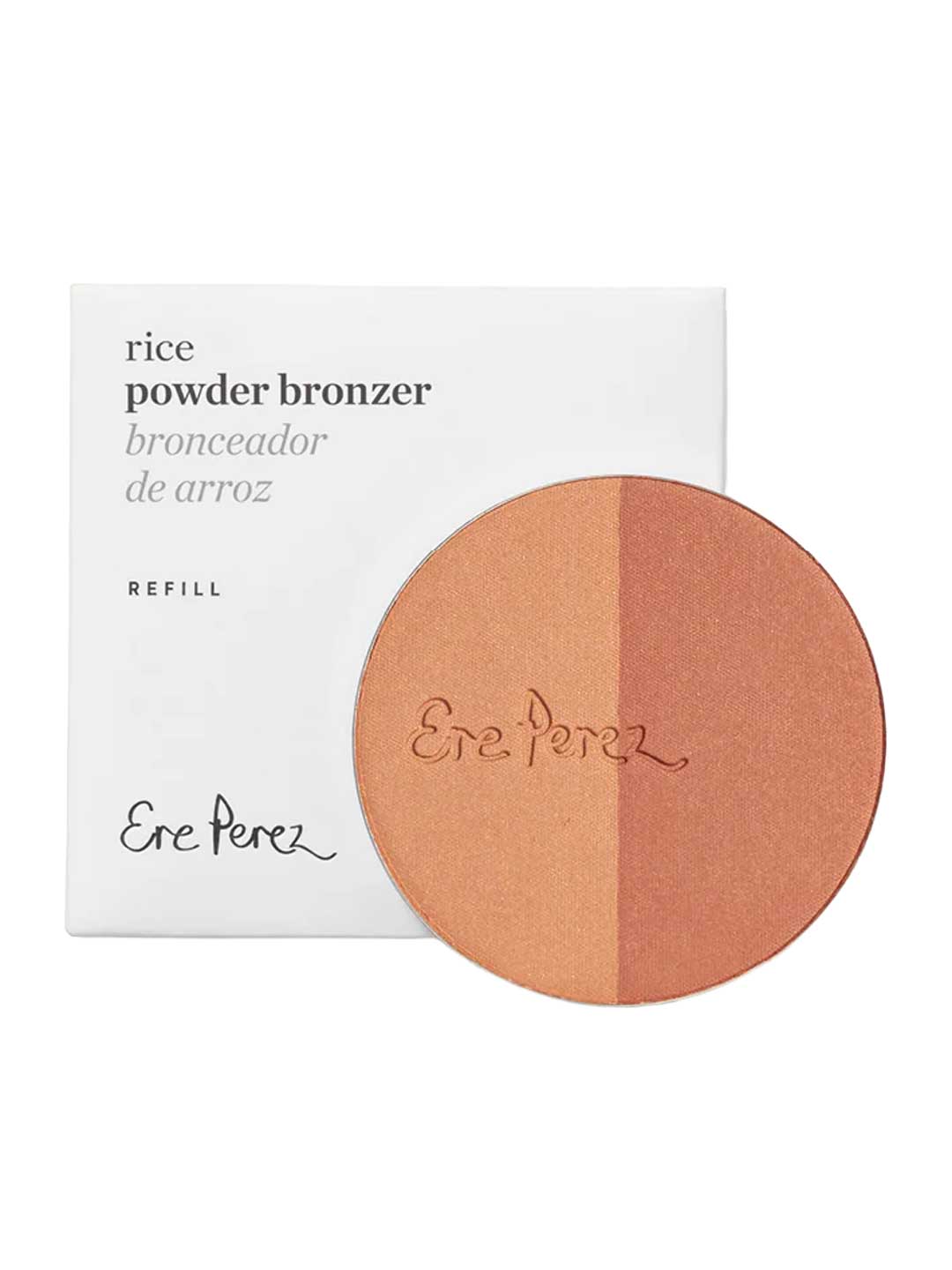 The Ere Perez Rice Powder Blush & Bronzer - Roma Refill 9g, a vegan and refillable two-toned bronzer, sits before its white bilingual box labeled in English and Spanish—perfect for eco-conscious beauty fans.