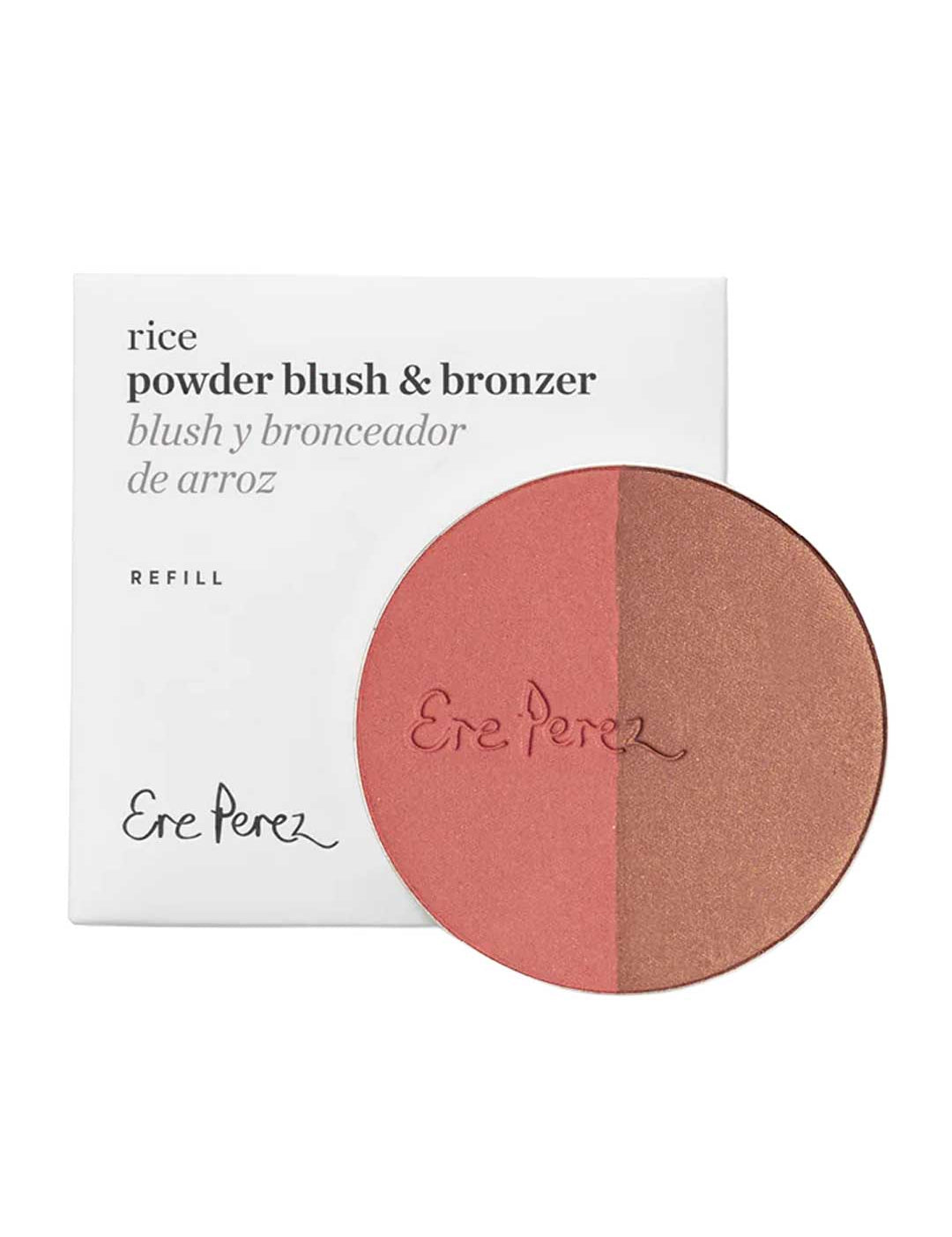The Ere Perez Rice Powder Blush & Bronzer - Brooklyn Refill 9g, a vegan round compact with two natural non-GMO rice powders (blush and bronzer), is shown in front of its white box labeled with the product name and brand.