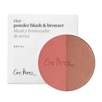 The Ere Perez Rice Powder Blush & Bronzer - Brooklyn Refill 9g, a vegan round compact with two natural non-GMO rice powders (blush and bronzer), is shown in front of its white box labeled with the product name and brand.