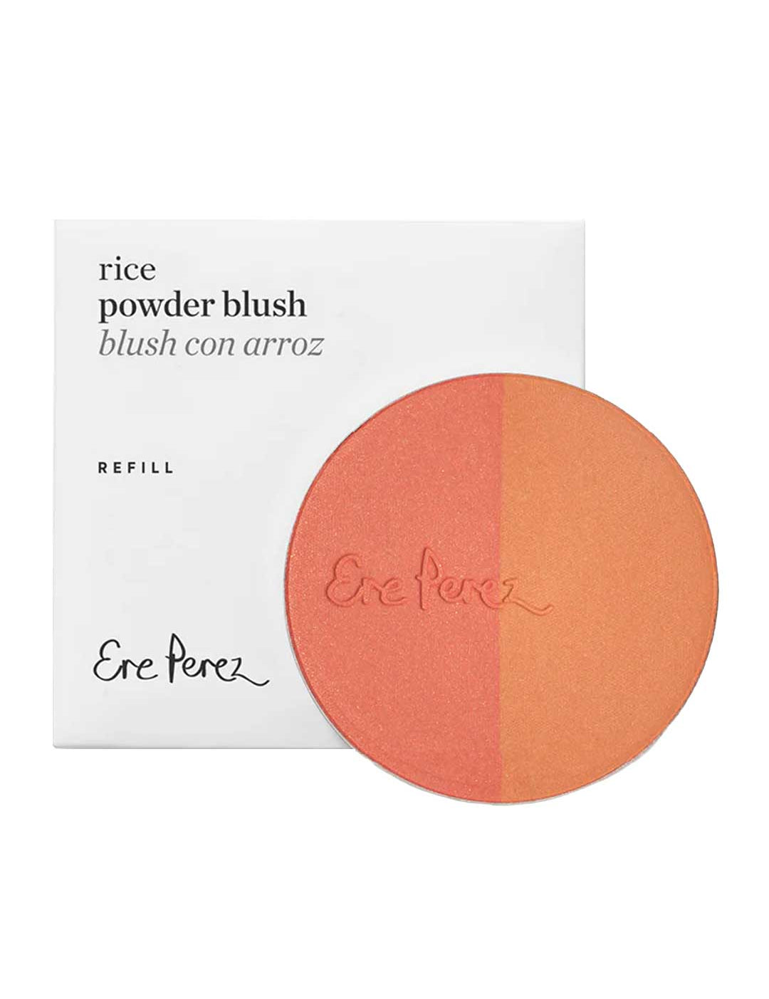 The Ere Perez Rice Powder Blush - Bondi Refill 9g is a vegan, circular, two-toned blush in peach and coral shades with Ere Perez embossed, shown before its white box labeled "Rice Powder Blush" and "Ere Perez" in black.