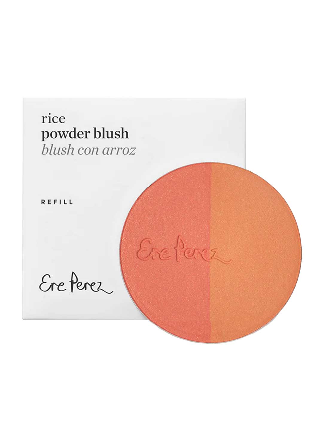 The Ere Perez Rice Powder Blush - Bondi Refill 9g is a vegan, circular, two-toned blush in peach and coral shades with Ere Perez embossed, shown before its white box labeled "Rice Powder Blush" and "Ere Perez" in black.