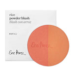 The Ere Perez Rice Powder Blush - Bondi Refill 9g is a vegan, circular, two-toned blush in peach and coral shades with Ere Perez embossed, shown before its white box labeled "Rice Powder Blush" and "Ere Perez" in black.