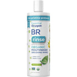 A white 16 fl oz (473 mL) bottle of Essential Oxygen Toothpaste & Mouthwash Brushing Rinse, labeled dentist recommended for whiter teeth and fresher breath, is organic, peppermint-flavored, fluoride-free, and features plant illustrations.