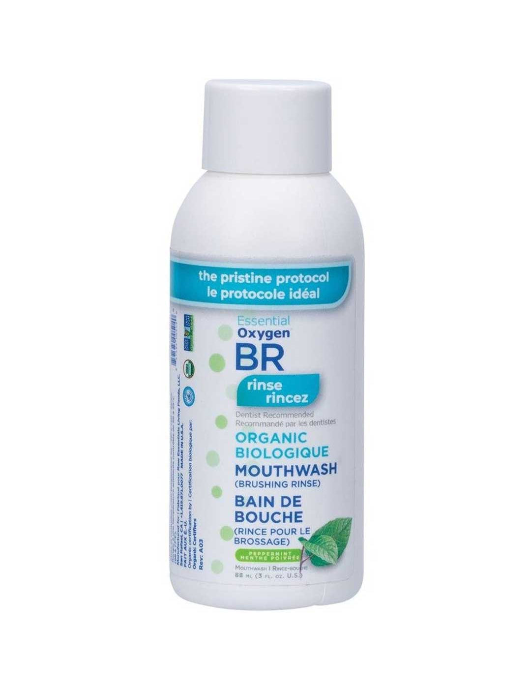 Bottle of BR Essential Oxygen Toothpaste/Mouthwash Brushing Rinse Peppermint on a white background