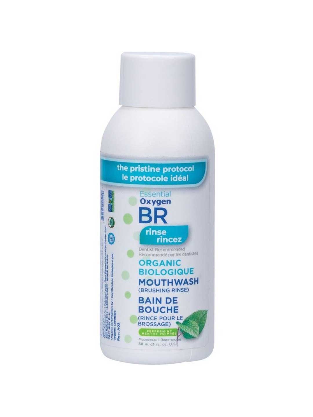 Bottle of BR Essential Oxygen Toothpaste/Mouthwash Brushing Rinse Peppermint on a white background