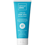 A blue tube of Ethical Zinc Natural Clear Zinc Sunscreen SPF 50+ 100g, reef safe, water resistant, broad spectrum, suitable for sensitive skin, and made in Australia.