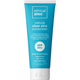 A blue tube of Ethical Zinc Natural Clear Zinc Sunscreen SPF 50+ 100g, reef safe, water resistant, broad spectrum, suitable for sensitive skin, and made in Australia.