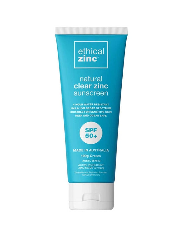 A blue tube of Ethical Zinc Natural Clear Zinc Sunscreen SPF 50+ 100g, reef safe, water resistant, broad spectrum, suitable for sensitive skin, and made in Australia.